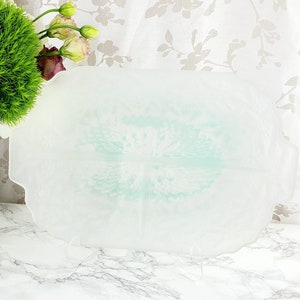 May include: A white serving tray with a light green design in the center. The tray has a slightly scalloped edge and is made of a smooth, glossy material.