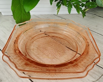 PAIR! Two Hocking Glass Princess pattern square sherbet pink depression glass plates,  1931-1935 depressionglass bread and butter plates