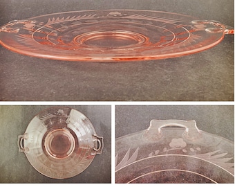Two-handled pink depression glass tray with wheel cut pattern
