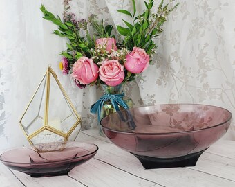 2 PIECES! 1960s Hazelware Colony bowls in Moroccan Amethyst depression glass,  round and oval depressionglass bowls