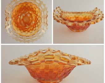 Fenton Marigold Blackberry Open Edge two sides up carnival glass bowl with Basketweave exterior