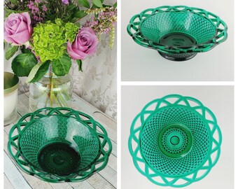 Imperial Glass Green Katy pattern depression glass bowl, diamond pattern, lace rim depressionglass bowl