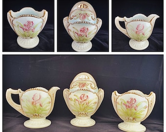 1902 National Glass Company Normal Ivory Painted depression glass sugar bowl & helmet lid, creamer and Spooner, Wild Bouquet pattern, Iris