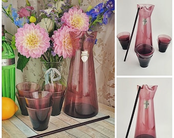 8 PIECE SET! Toscany Neapolitan Amethyst glass decanter set with 6 cups and glass stir stick
