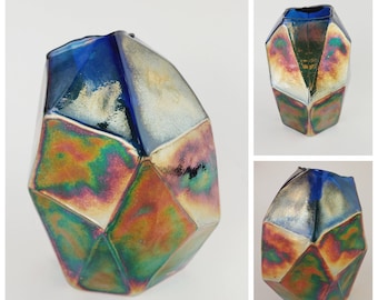 STUNNING Geometric carnival glass vase, handblown molded glass, one of a kind