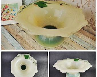 Handpainted Green floral Indiana Glass Double Fleur De Lis footed console bowl