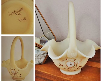 Fenton Beige Custard Satin basket with handpainted brown dogwood floral pattern, artist D. Hill