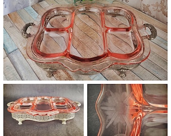 Cambridge #397 wheel cut 5 Part Celery and Relish tray with Farberware metal holder