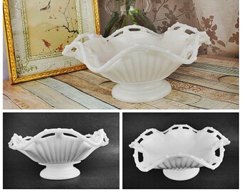 Westmoreland Glass footed milk glass bowl with open lace rim and ribbed design