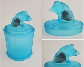 RARE! Satin pressed blue glass Boar Tobacco humidor circa 1900, EAPG cigar jar with sponge