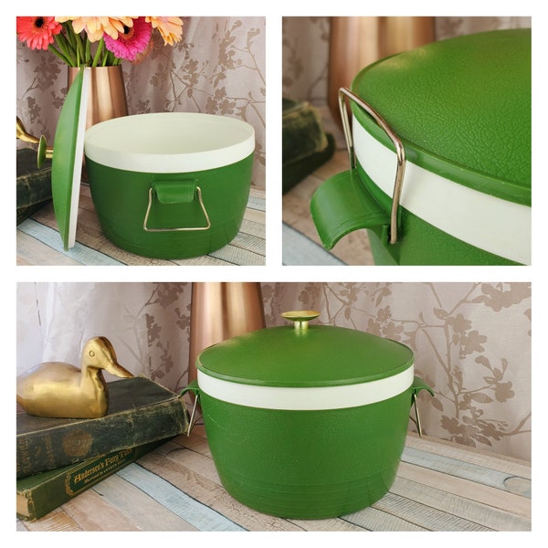 COOL! Green Sunfrost Thermoware insulated dish with locking lid, midcentury picnicware, vintage camper kitchen