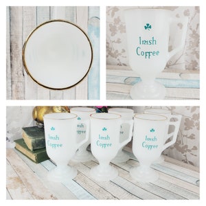 SET of 6! Six Irish Coffee milk glass mugs, milkglass hot toddy cups with shamrock decoration, gold rim, and handles