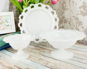 SET of 3! Old Colony milk glass openwork lace rim, two footed compotes and matching plate, collectible milkglass, Anchor Hocking