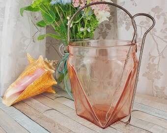 Art Deco pink glass ice bucket with wheel cut design, silver colored handle and tongs