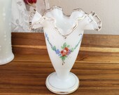 Handpainted Fenton Silver Crest milk glass vase, gold detail, roses, ruffle white to clear rim, collectible milkglass, wedding shower decor