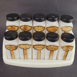 Griffith&#39;s milk glass spice jar set and holder, milkglass kitchen seasoning set