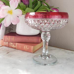 Indiana glass cranberry flashed diamond point cut glass compote, ruby rim candy dish, pink band rim pedestal dish, jewelry dish, nut dish