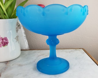 Large Indiana Glass Co frosted sky blue teardrop compote, pedestal dish, footed, candy nut dish, beach cottage decor, baby boy shower, sea