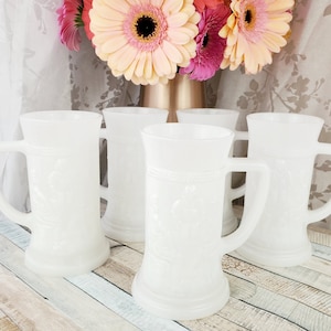 Set of 5! Milk glass beer tankards with tavern scene, five beer mugs, midcentury barware