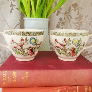 May include: Two vintage teacups with handles, featuring a floral design in red, blue, and green on a cream background. The cups are placed on top of a stack of old books with red covers. A white vase with green stems is in the background.
