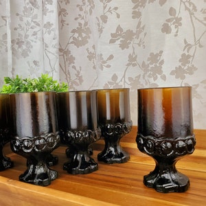 SET of 8! Eight HEAVY Tiffin Franciscan Madeira smoke brown tumblers, tree trunk pattern footed base cup, wine goblet, midcentury barware