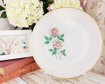 RARE! Fire-King Anniversary Rose milk glass plate, 10 inch milkglass dinner plate, 1964-1965