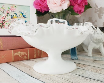 Fenton silvercrest footed milk glass compote, milkglass bowl with pedestal and ruffle rim tipped with clear glass