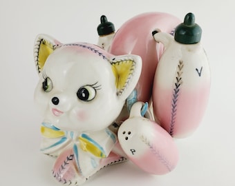 COMPLETE SET! Midcentury pink cat holder with salt and pepper shakers, oil and vinegar cruets, retro kitchen, Christmas present