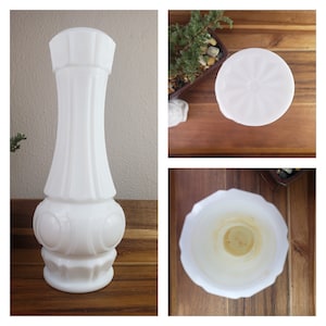 UNIQUE tall white milk glass vase, milkglass centerpiece, collectible glass, geometric thumbprint design, bulb, long stem flower vase,