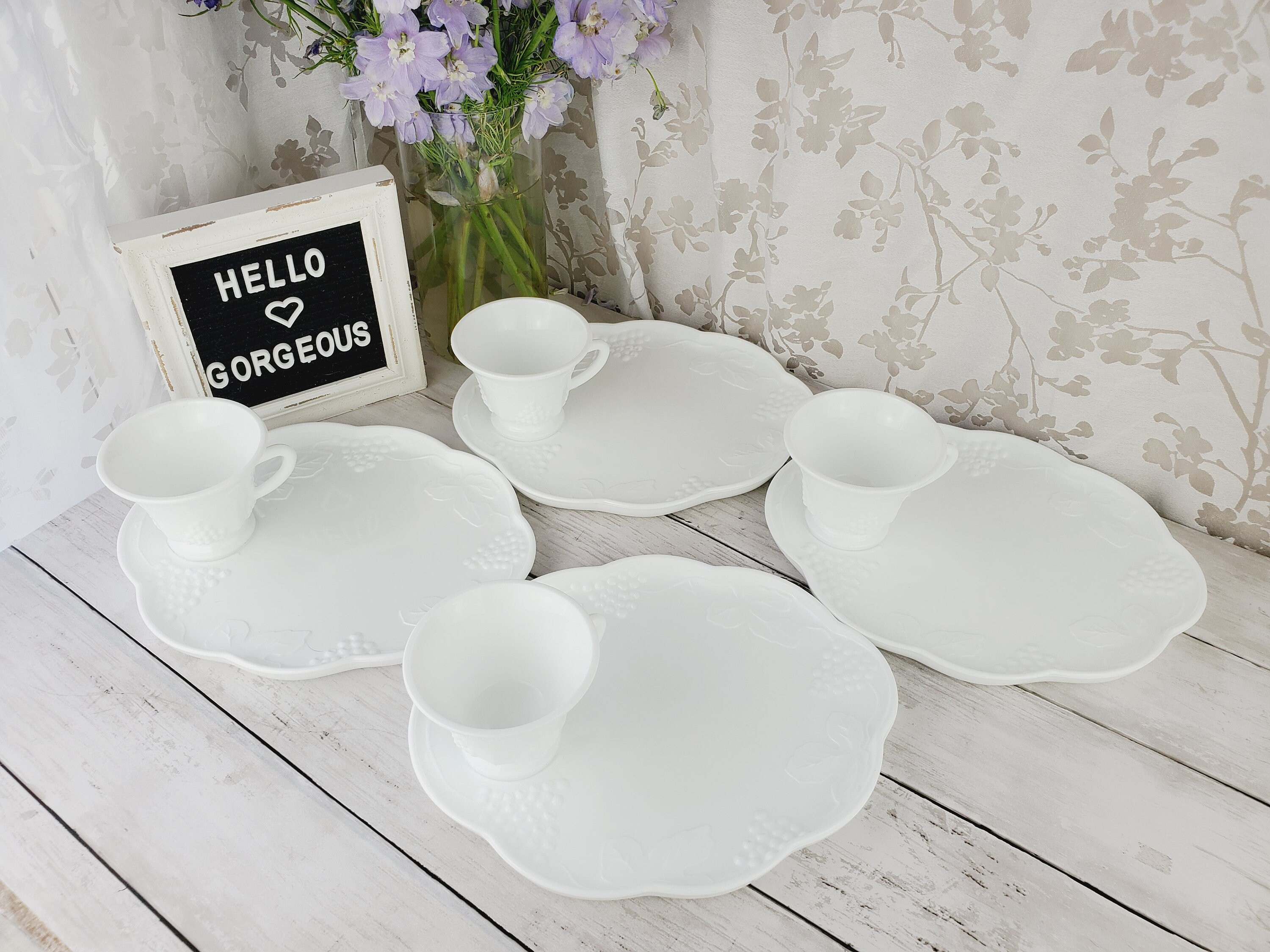 8 PIECE SET! 4 Milk Glass Snack Set Plates With 4 Matching Tea