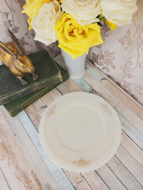 SET of 4! Macbeth-Evans Regency Ivrene Petalware milk glass plates, ivory transluscent Cremax depression glass with gold detailing