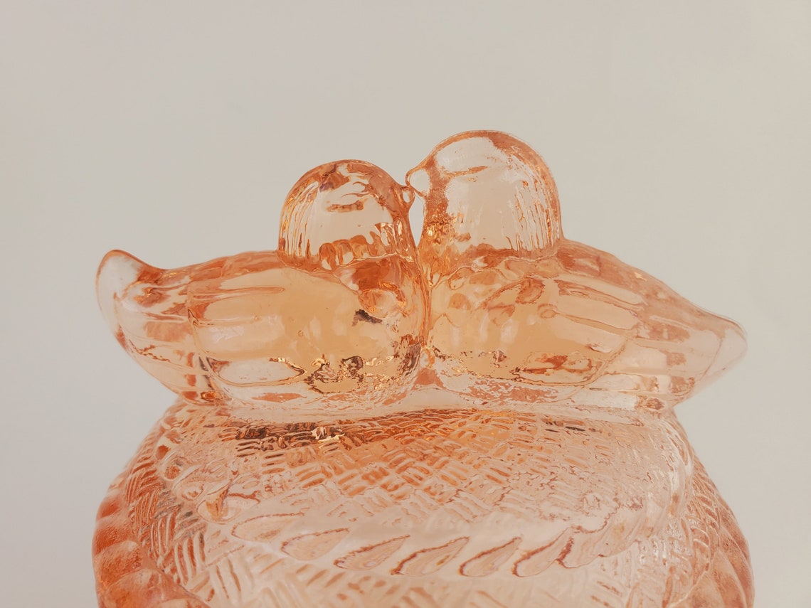 Sweet lovebirds pink depression glass bowl with lid jewelry Etsy