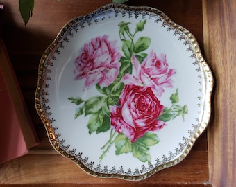 Wheelock china, floral plate, rose plate, gold border, scalloped rim, pink roses, red roses, home decor, vanity tray, tea Wheelock china, floral plate, rose plate, gold border, scalloped rim, pink roses, red roses, home decor, vanity tray, tea
