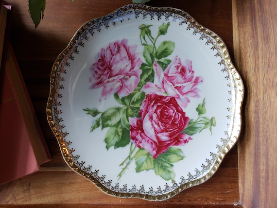 Wheelock china, floral plate, rose plate, gold border, scalloped rim, pink roses, red roses, home decor, vanity tray, tea