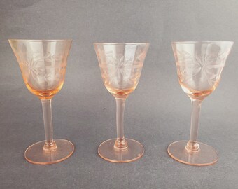 Set of 3! Three Etched Pink Depression Glass Sherry Glasses