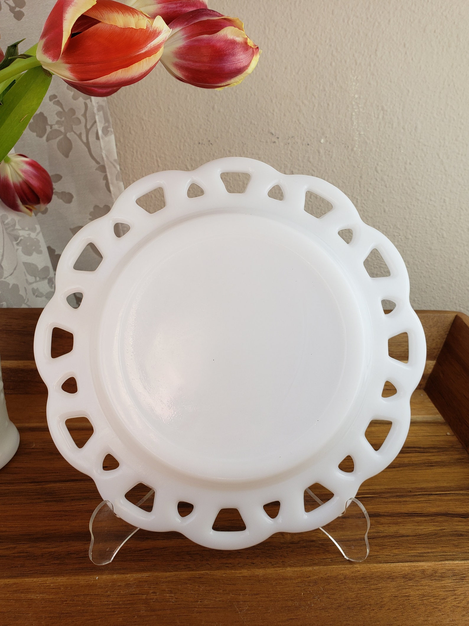White Milk Glass Plate With Flat Square Lace Edge Milkglass Etsy