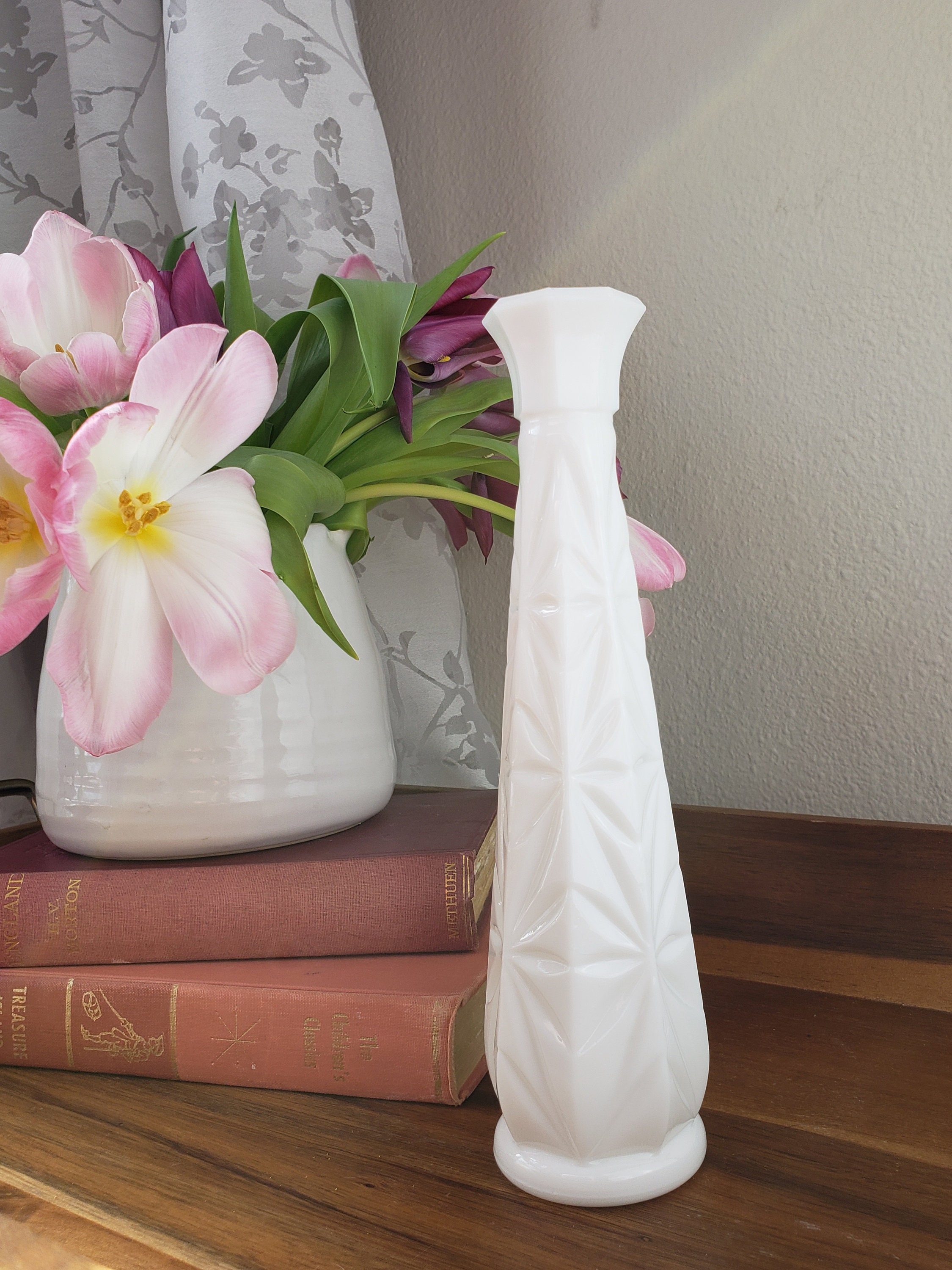 Lovely Tall Milk Glass Vase With Starburst Pattern Milkglass Etsy