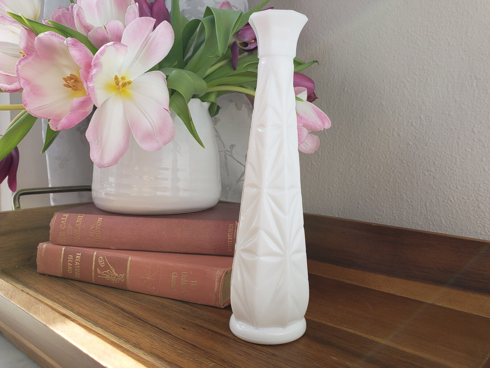 Lovely Tall Milk Glass Vase With Starburst Pattern Milkglass Etsy