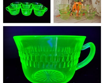 SET of 6! Six Hocking Glass green Roulette pattern teacups, uranium depression glass, Many Windows