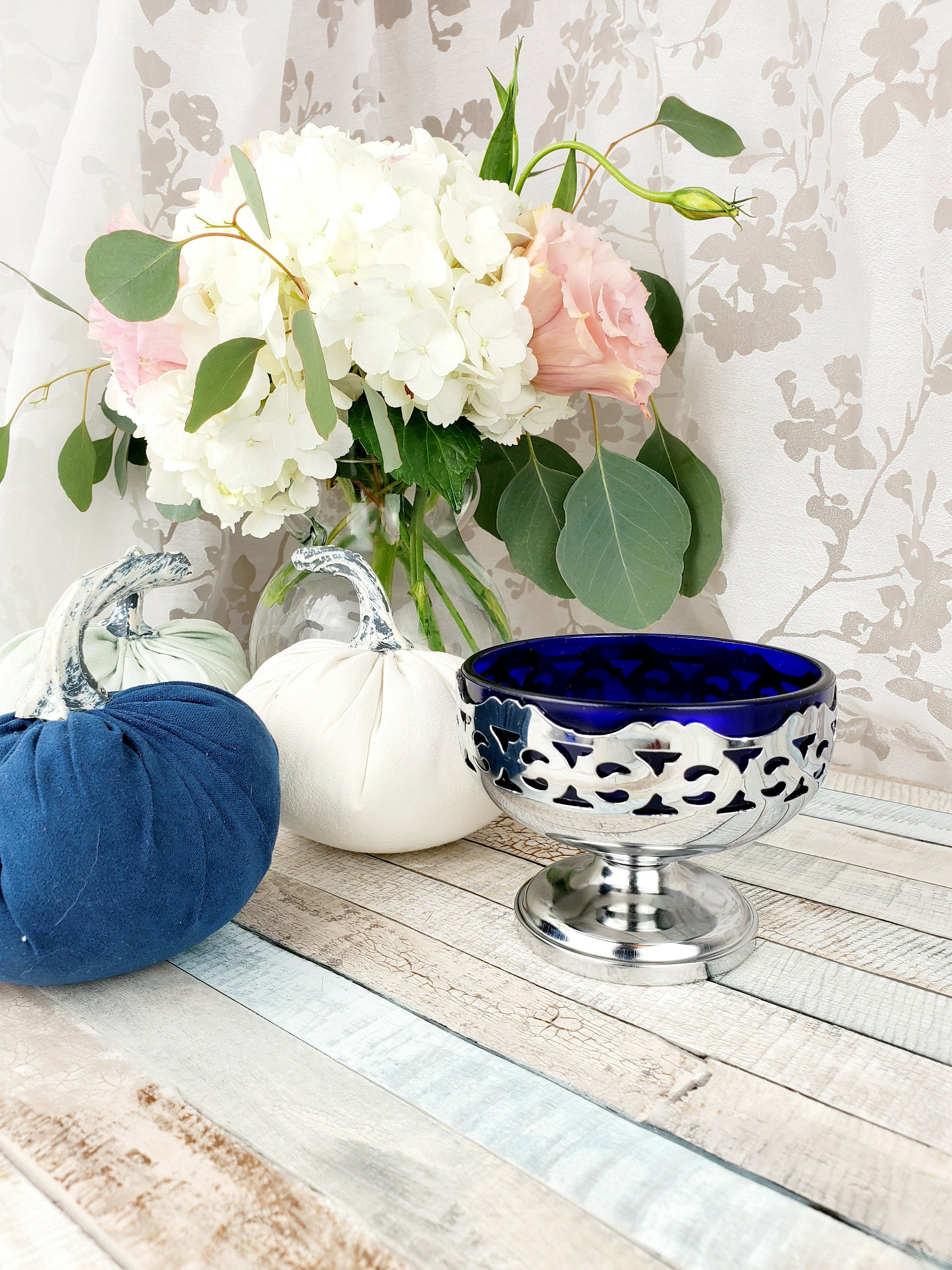 Cobalt blue glass bowl in silver pedestal holder serving etsy