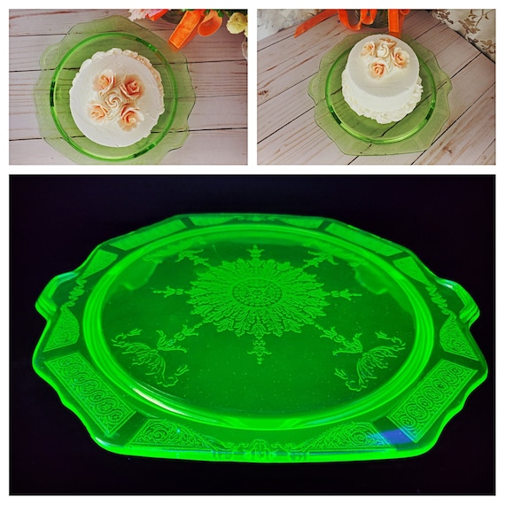 Hocking Glass Princess pattern green depression glass cake plate, uranium glass 1931 - 1935