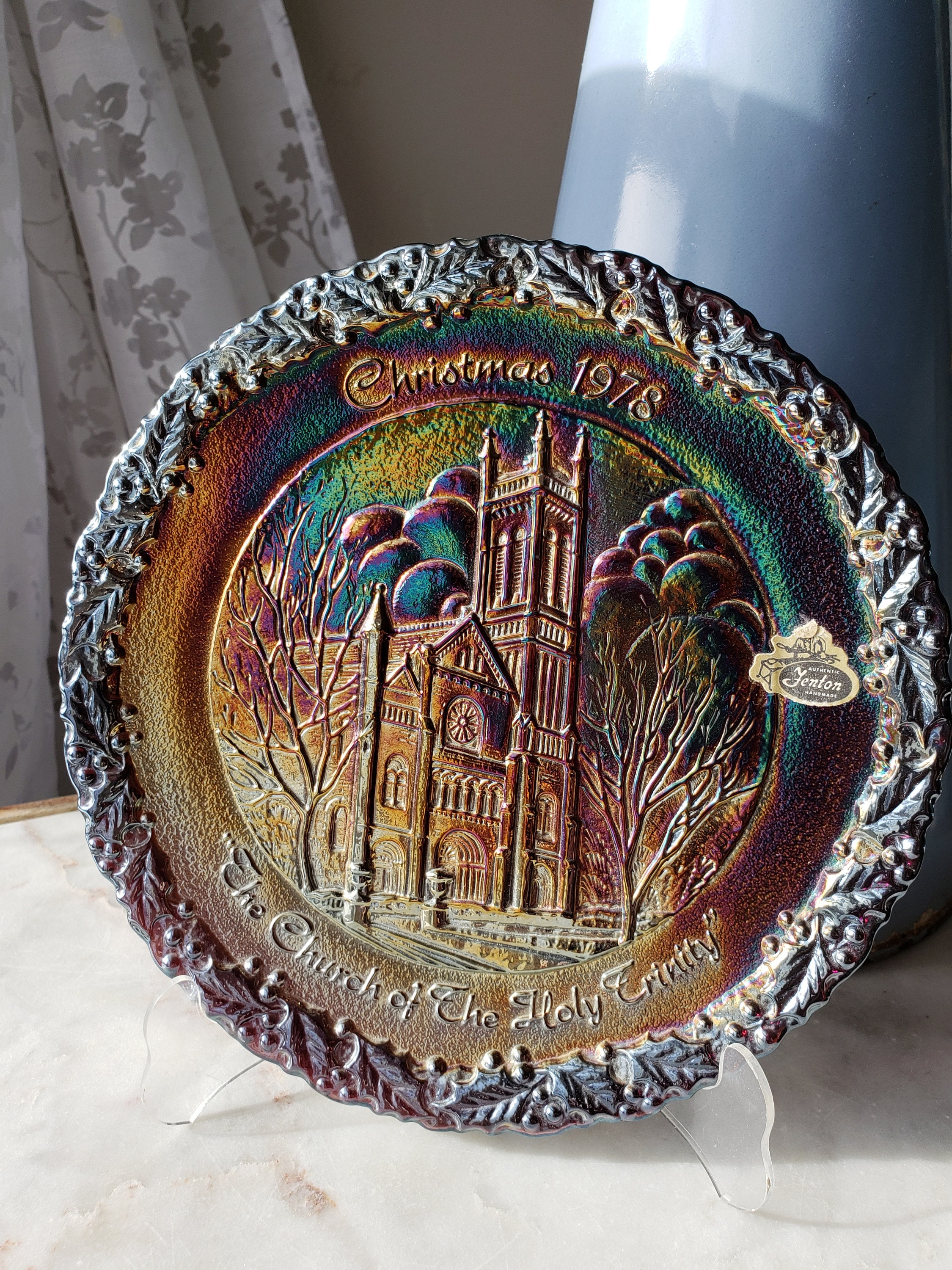 Fenton Carnival Glass Christmas 1978 Collectible Plate, Church of