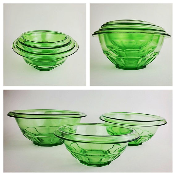 Vintage Green Depression Glass Nesting Bowls Rolled Edge Mixing Bowls 2