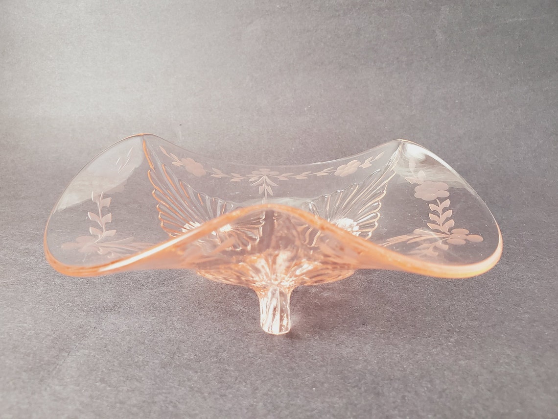 Beautiful Three Footed Etched Pink Depression Glass Bowl Etsy