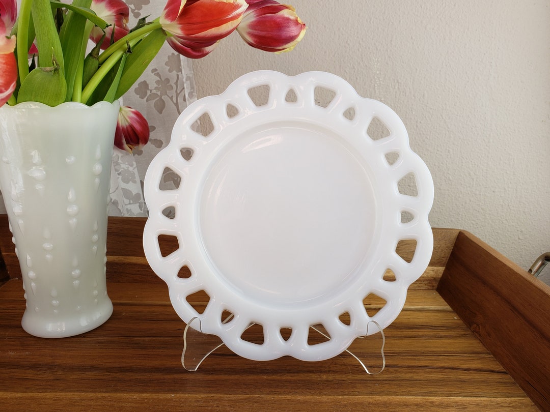 White Milk Glass Plate With Flat Square Lace Edge Milkglass Etsy