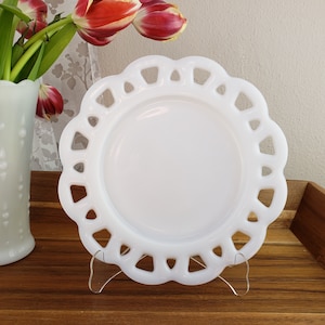 White milk glass plate with flat square lace edge, milkglass candle plate, wall decor, farmhouse decor, collectible glass, wedding shower