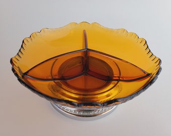 Vintage Farber Bros Krome-Kraft amber divided bowl, chrome plate stand for sauces or bar garnishes