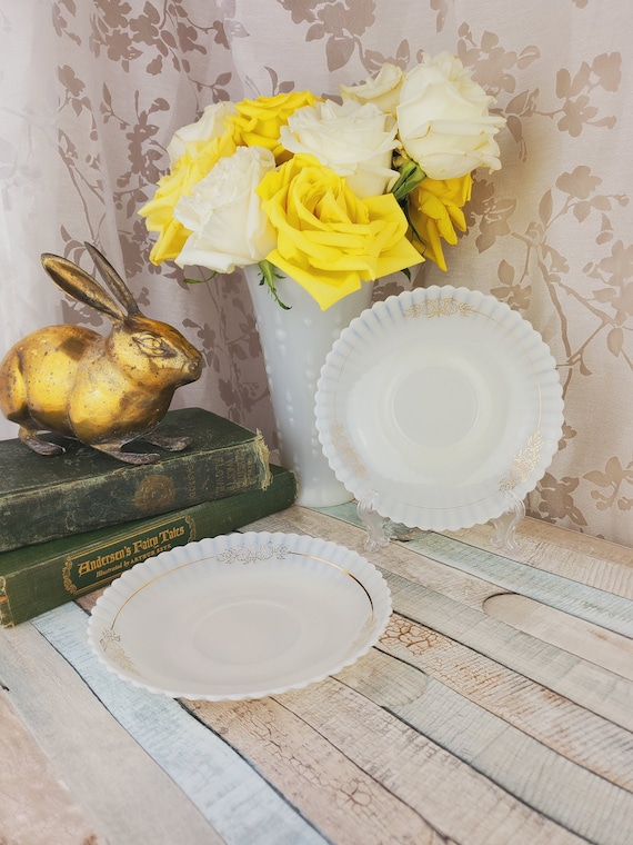 PAIR of Macbeth-Evans Regency Ivrene Petalware milk glass saucers, ivory transluscent Cremax depression glass with gold detailing
