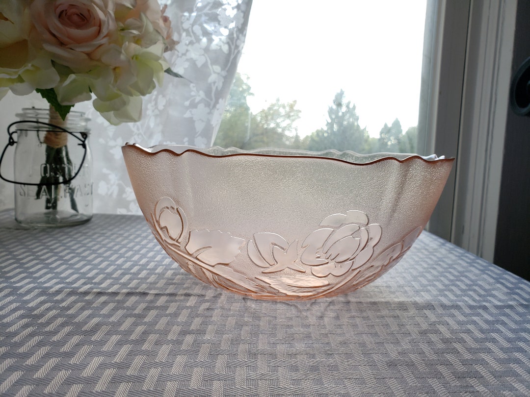 Pink Arcoroc Floral Glass Bowl, Rose Bowl, Pink Glass, Frosted Glass