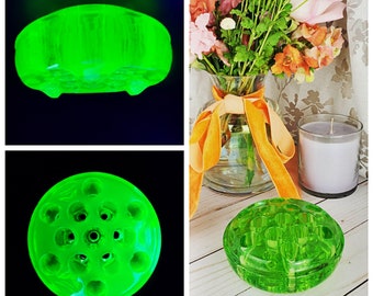 Uranium Glass flower frog, depression glass flower block